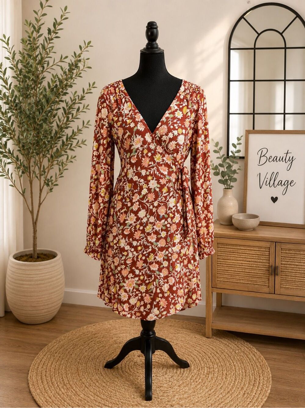 NWT Billabong Spring Romance Floral Mini Wrap Fit & Flare Red Clay Dress Long Sl